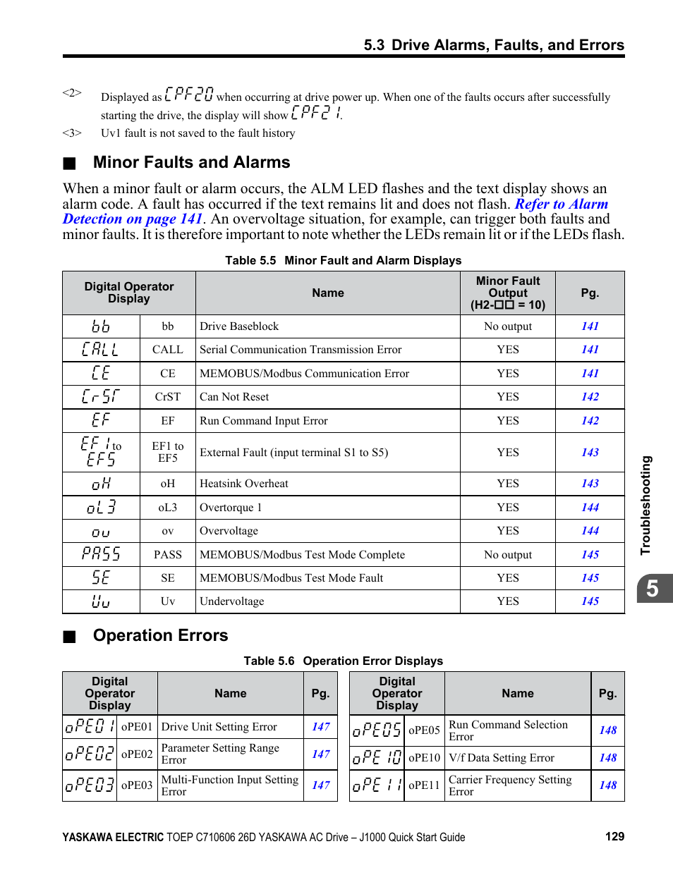 Refer to minor faults and, Minor faults and alarms, Operation errors | 3 drive alarms, faults, and errors | Yaskawa J1000 Compact V/f Control Drive User Manual | Page 129 / 274