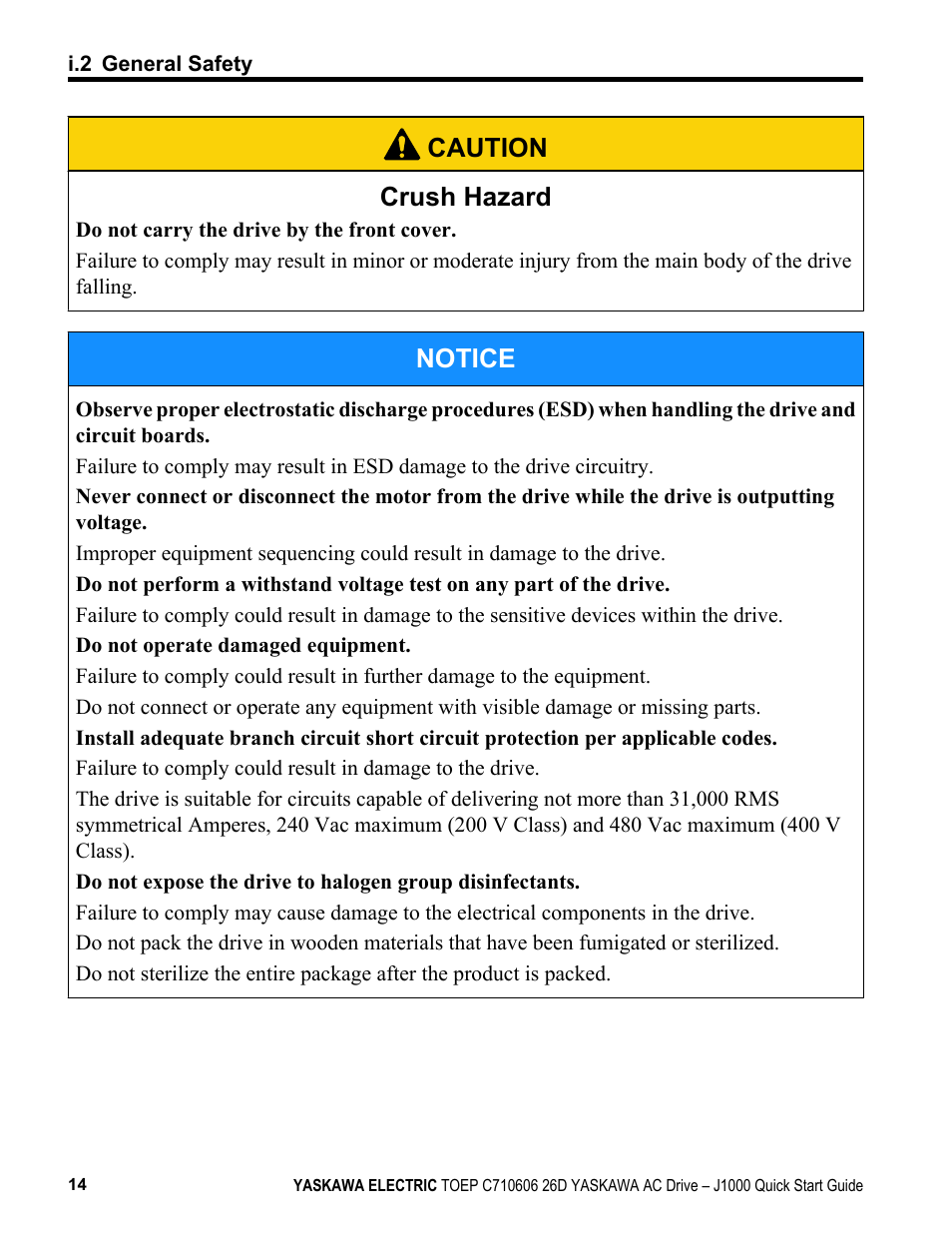 Caution crush hazard, Notice | Yaskawa J1000 Compact V/f Control Drive User Manual | Page 14 / 274