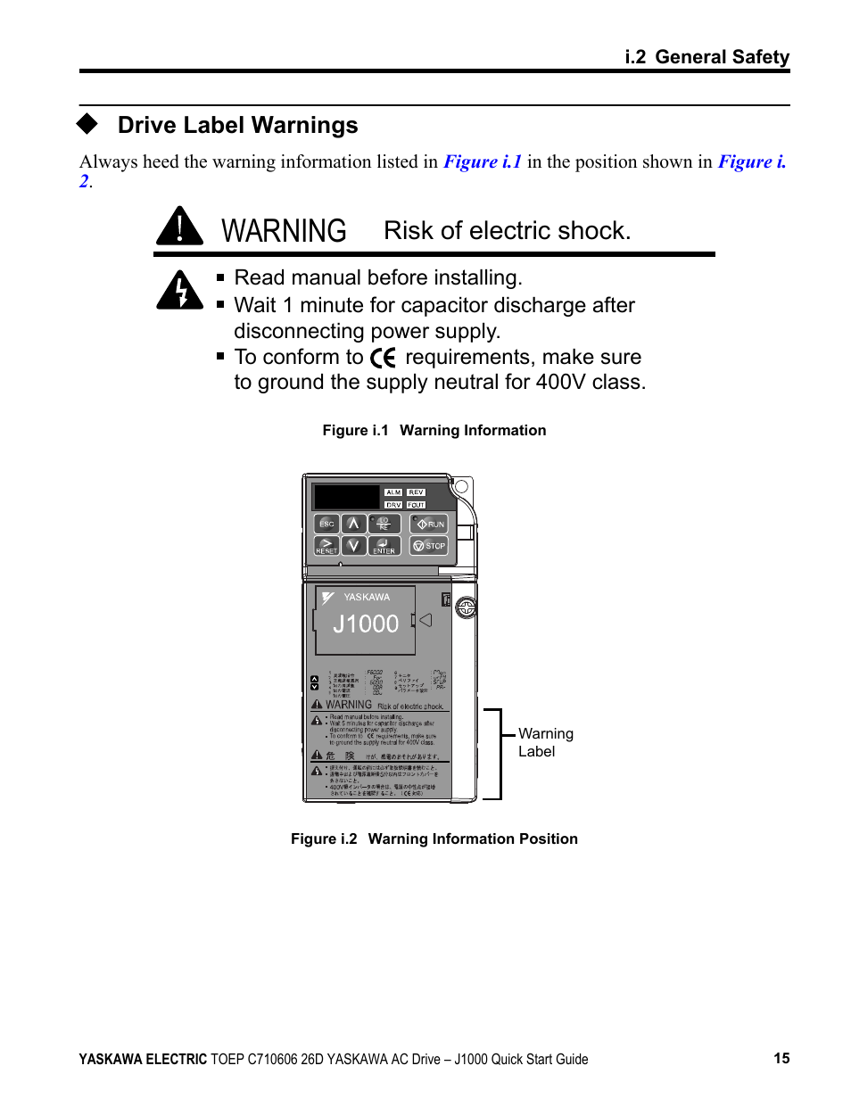 Drive label warnings, Warning, Risk of electric shock | Yaskawa J1000 Compact V/f Control Drive User Manual | Page 15 / 274