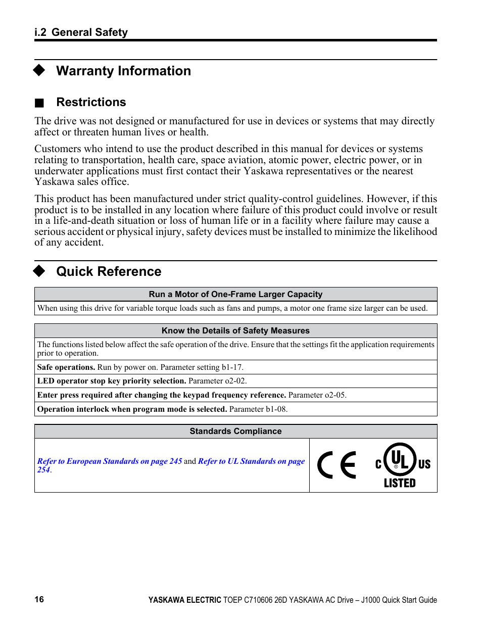 Warranty information, Quick reference, Restrictions | Yaskawa J1000 Compact V/f Control Drive User Manual | Page 16 / 274