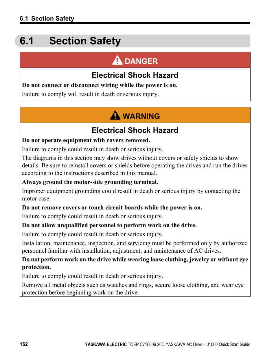 1 section safety, Section safety | Yaskawa J1000 Compact V/f Control Drive User Manual | Page 162 / 274
