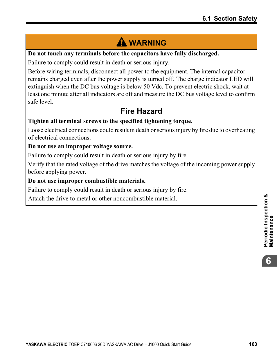 Warning, Fire hazard | Yaskawa J1000 Compact V/f Control Drive User Manual | Page 163 / 274