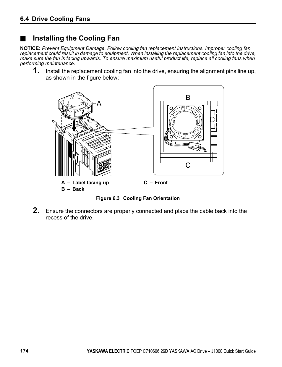 Installing the cooling fan | Yaskawa J1000 Compact V/f Control Drive User Manual | Page 174 / 274