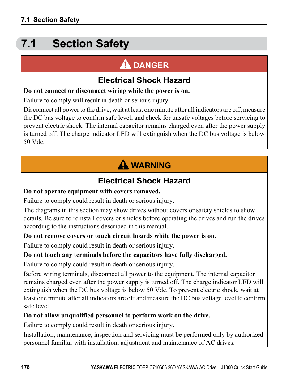 1 section safety, Section safety | Yaskawa J1000 Compact V/f Control Drive User Manual | Page 178 / 274