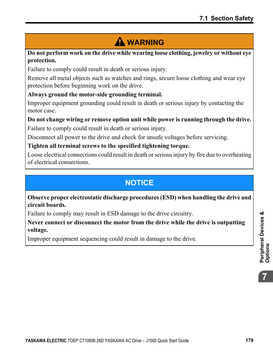 Warning, Notice | Yaskawa J1000 Compact V/f Control Drive User Manual | Page 179 / 274