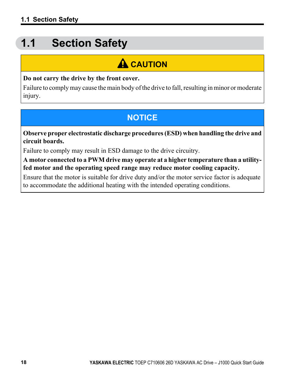 1 section safety, Section safety | Yaskawa J1000 Compact V/f Control Drive User Manual | Page 18 / 274