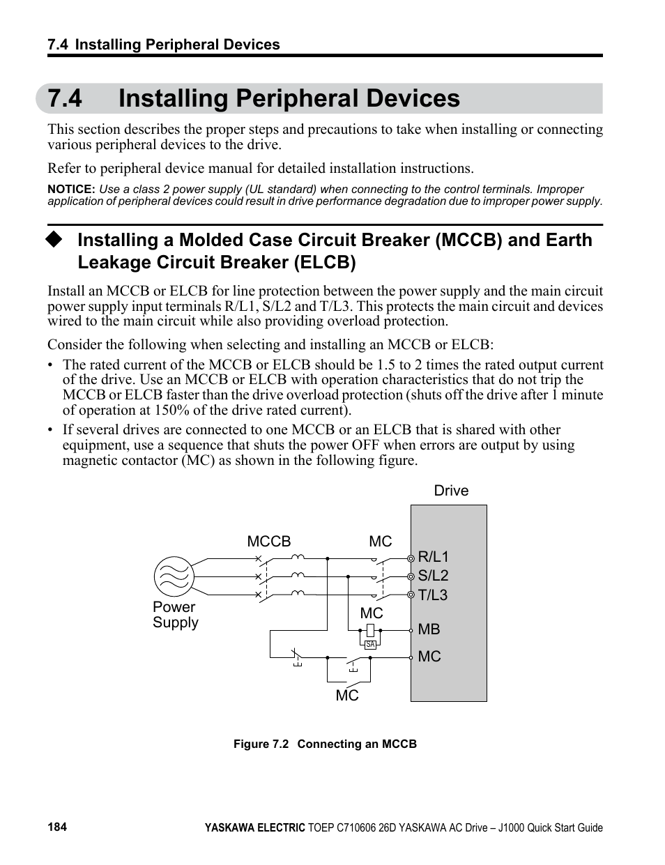 4 installing peripheral devices, Leakage circuit breaker (elcb), Installing peripheral devices | Yaskawa J1000 Compact V/f Control Drive User Manual | Page 184 / 274