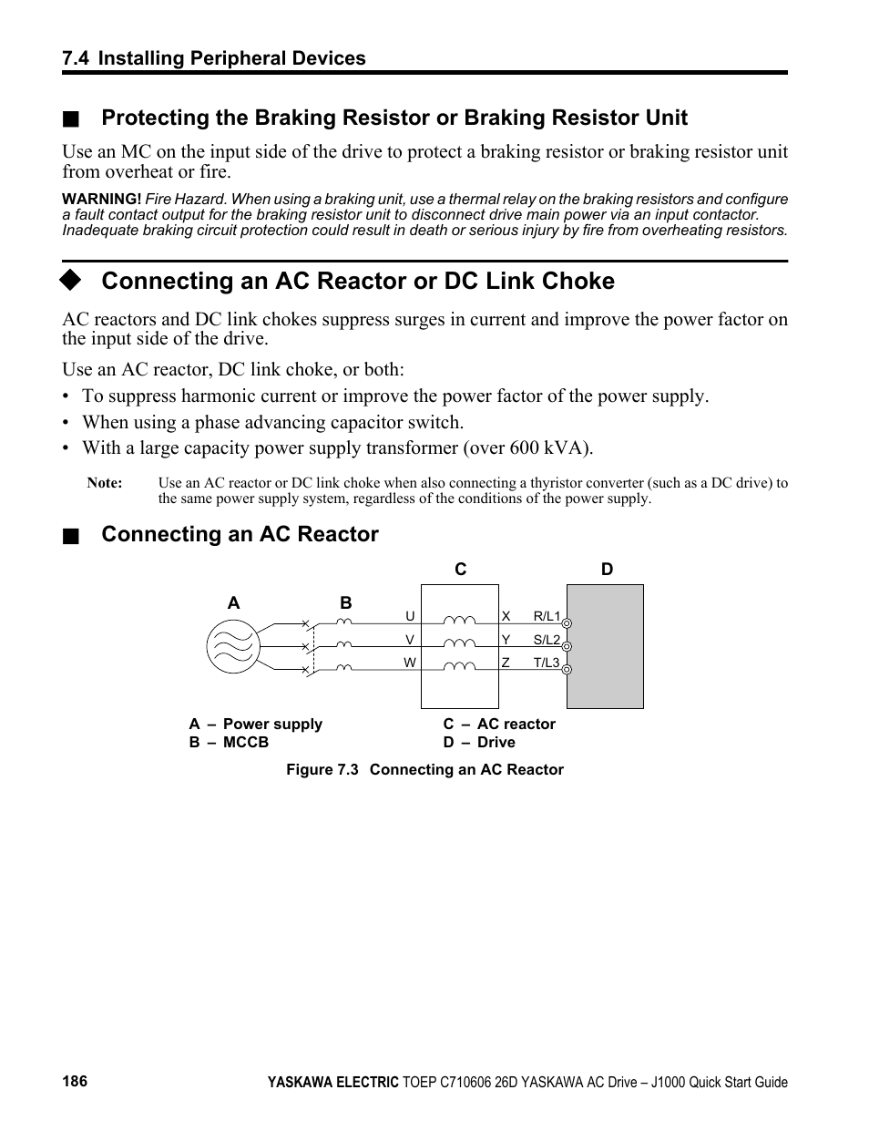 Connecting an ac reactor or dc link choke, Connecting an ac reactor | Yaskawa J1000 Compact V/f Control Drive User Manual | Page 186 / 274