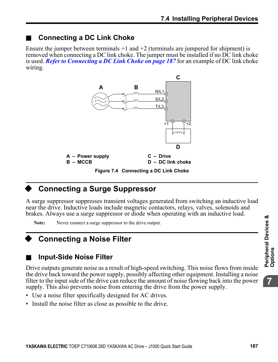 Connecting a surge suppressor, Connecting a noise filter, Connecting a dc link choke | Input-side noise filter | Yaskawa J1000 Compact V/f Control Drive User Manual | Page 187 / 274