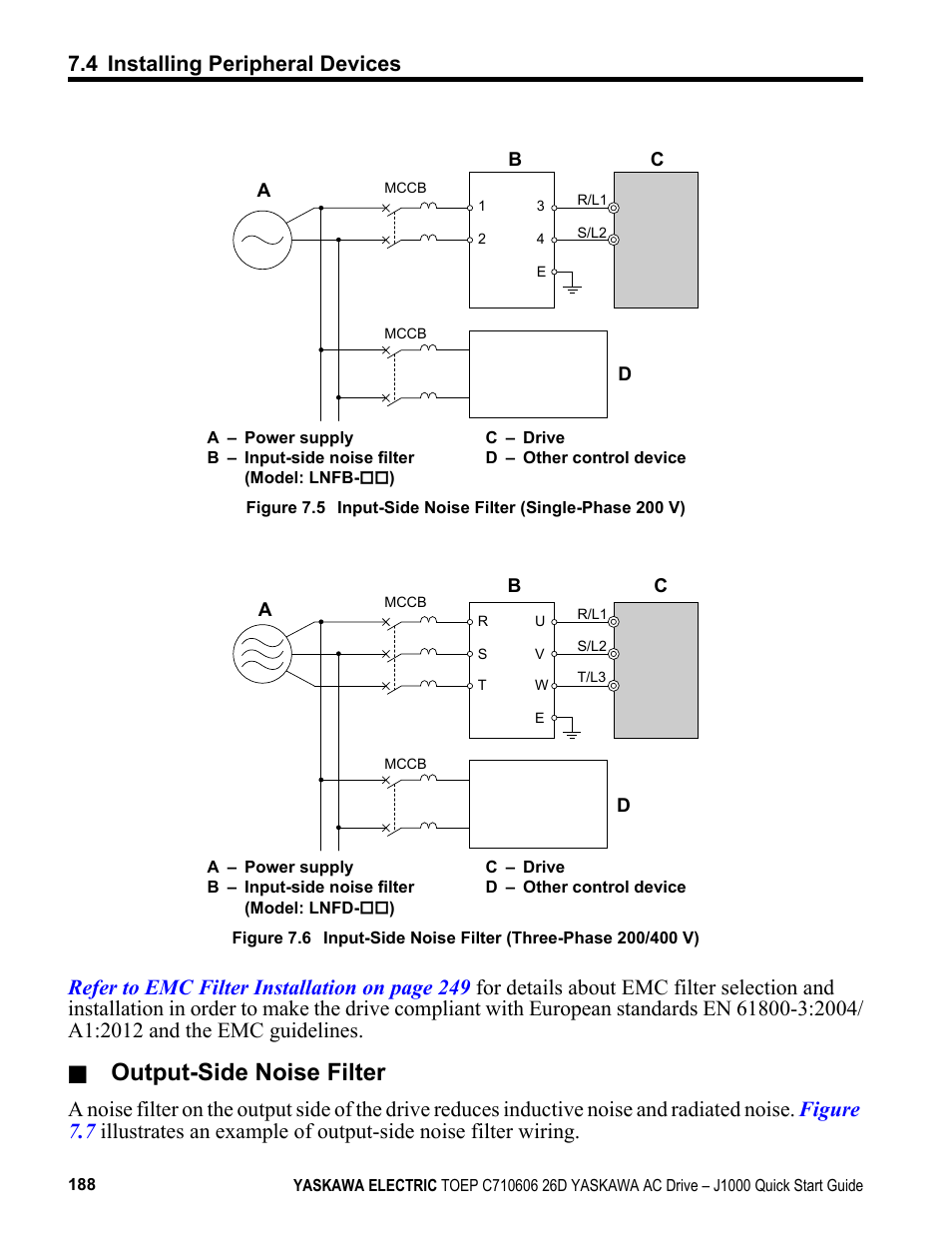 Output-side noise filter | Yaskawa J1000 Compact V/f Control Drive User Manual | Page 188 / 274