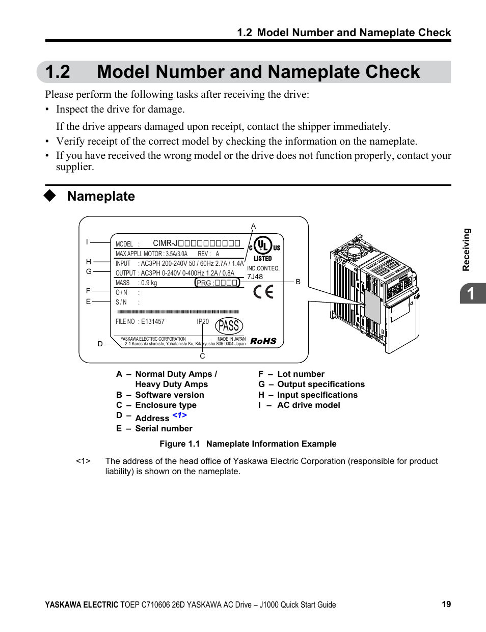 2 model number and nameplate check, Nameplate, Model number and nameplate check | Pass | Yaskawa J1000 Compact V/f Control Drive User Manual | Page 19 / 274