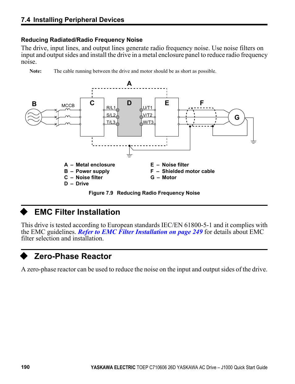 Emc filter installation, Zero-phase reactor | Yaskawa J1000 Compact V/f Control Drive User Manual | Page 190 / 274