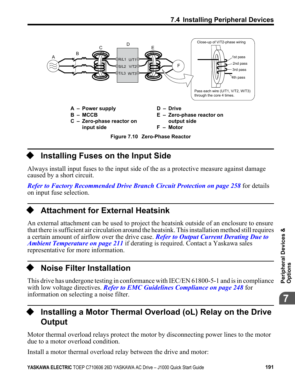 Installing fuses on the input side, Attachment for external heatsink, Noise filter installation | Output | Yaskawa J1000 Compact V/f Control Drive User Manual | Page 191 / 274