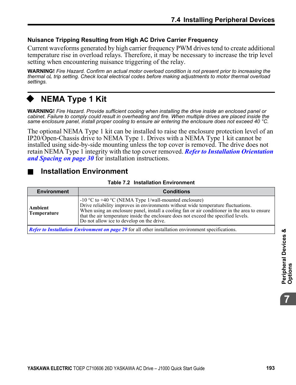 Nema type 1 kit, For information on using the nema type 1 kit, Installation environment | Yaskawa J1000 Compact V/f Control Drive User Manual | Page 193 / 274
