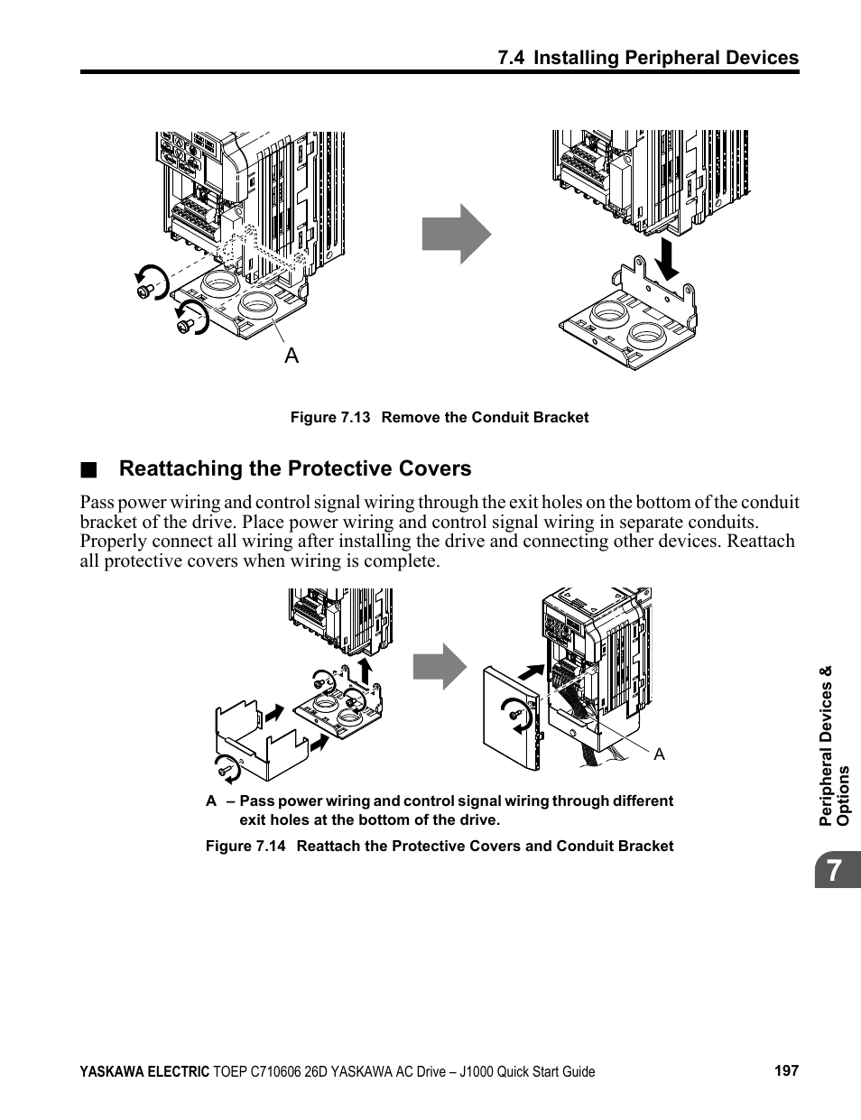 Figure 7.13, Reattaching the protective covers | Yaskawa J1000 Compact V/f Control Drive User Manual | Page 197 / 274