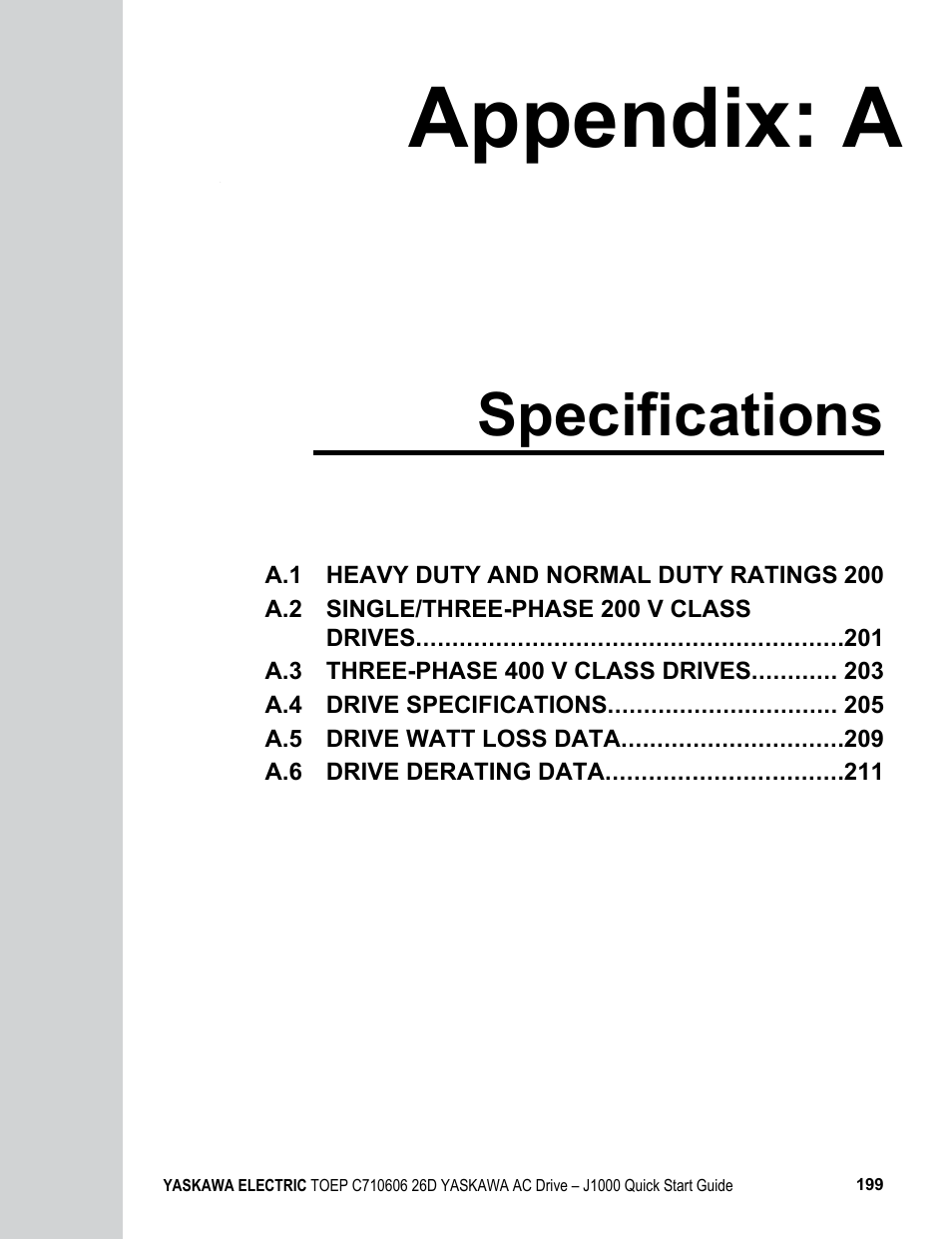 Appendix: a specifications, A. specifications, Appendix: a | Specifications | Yaskawa J1000 Compact V/f Control Drive User Manual | Page 199 / 274