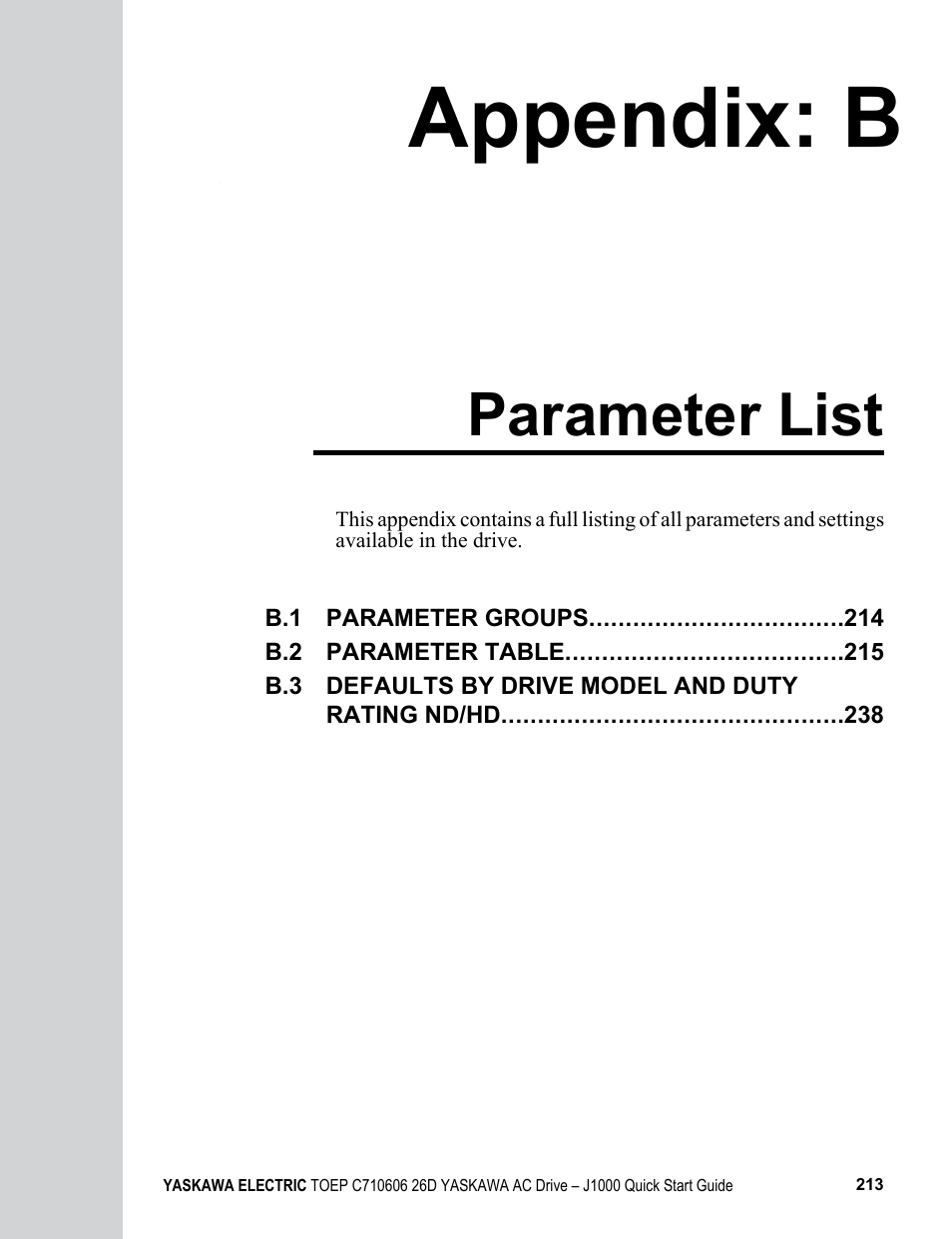 Appendix: b parameter list, B. parameter list, Refer to | Refer to parameter, Appendix: b, Parameter list | Yaskawa J1000 Compact V/f Control Drive User Manual | Page 213 / 274
