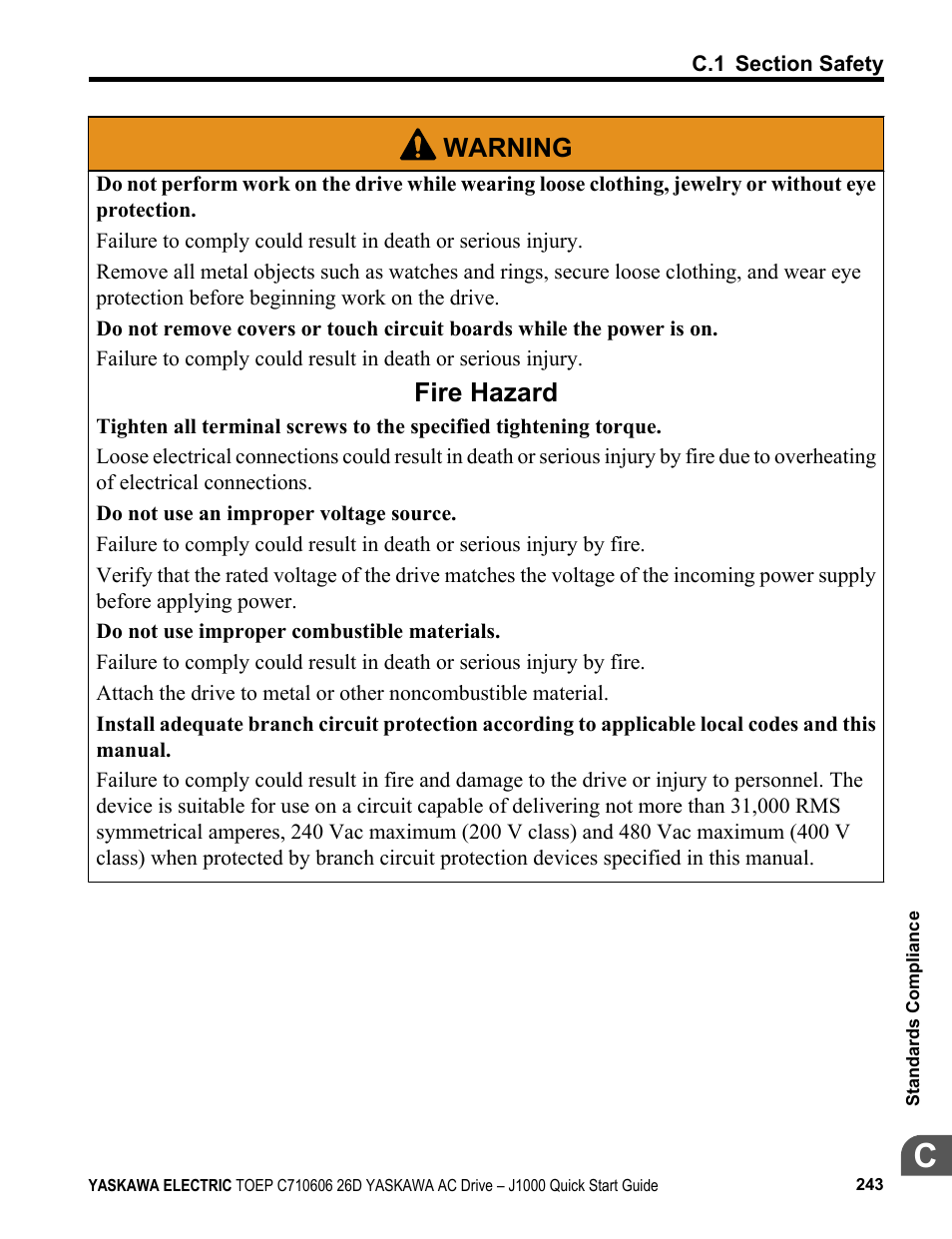 Warning, Fire hazard | Yaskawa J1000 Compact V/f Control Drive User Manual | Page 243 / 274