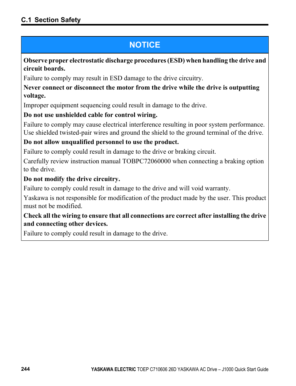 Notice | Yaskawa J1000 Compact V/f Control Drive User Manual | Page 244 / 274