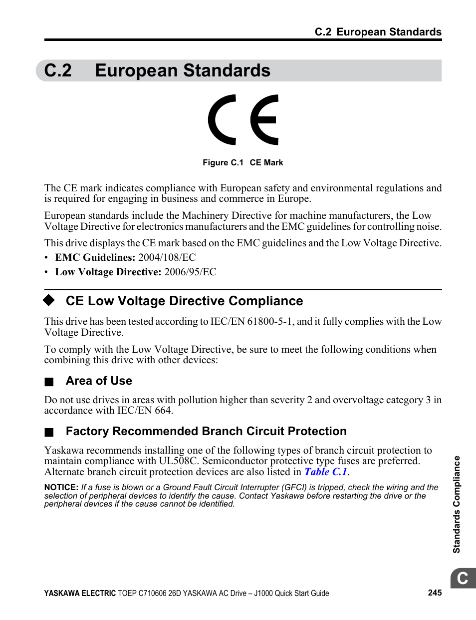 C.2 european standards, Ce low voltage directive compliance | Yaskawa J1000 Compact V/f Control Drive User Manual | Page 245 / 274