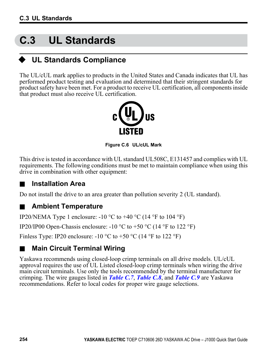 C.3 ul standards, Ul standards compliance | Yaskawa J1000 Compact V/f Control Drive User Manual | Page 254 / 274