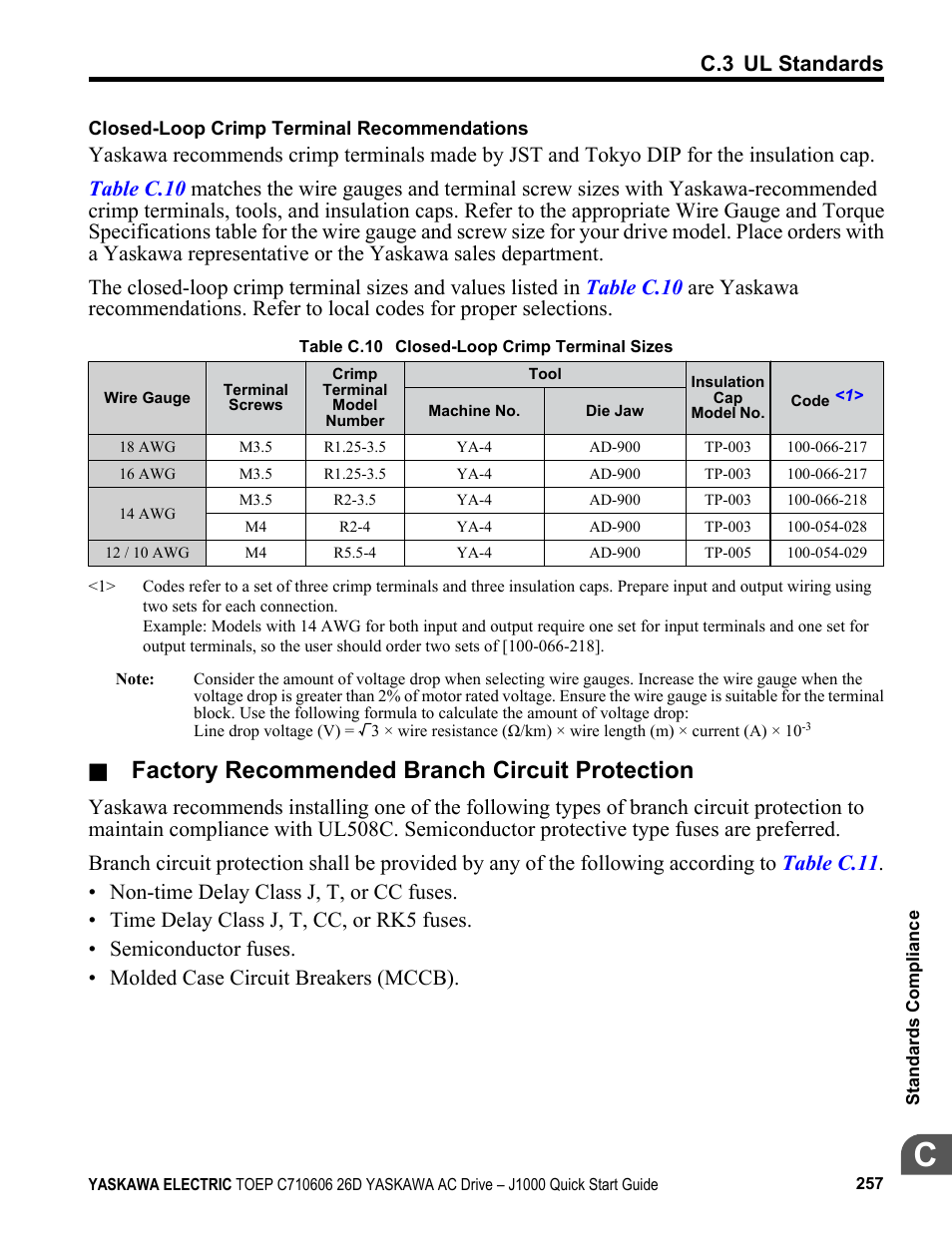Factory recommended branch circuit protection | Yaskawa J1000 Compact V/f Control Drive User Manual | Page 257 / 274