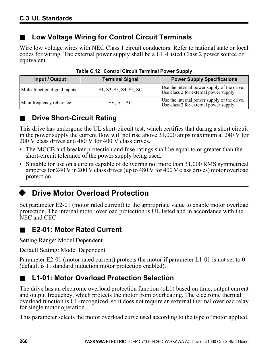 Drive motor overload protection | Yaskawa J1000 Compact V/f Control Drive User Manual | Page 260 / 274