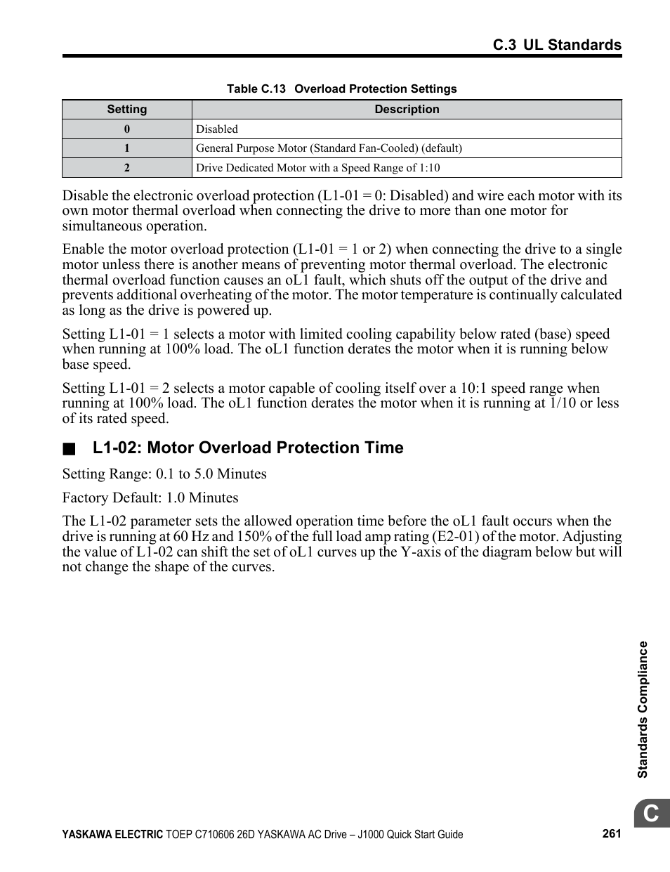 L1-02: motor overload protection time | Yaskawa J1000 Compact V/f Control Drive User Manual | Page 261 / 274