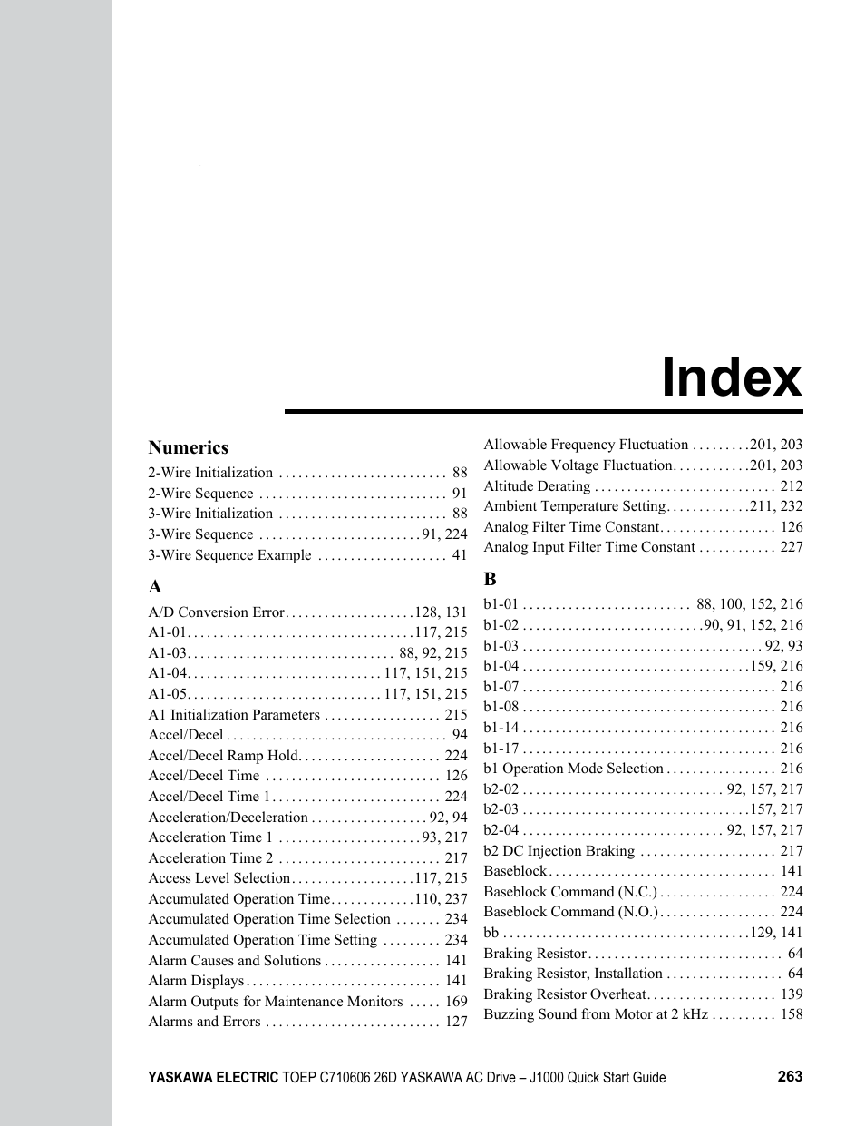 Index, Numerics | Yaskawa J1000 Compact V/f Control Drive User Manual | Page 263 / 274