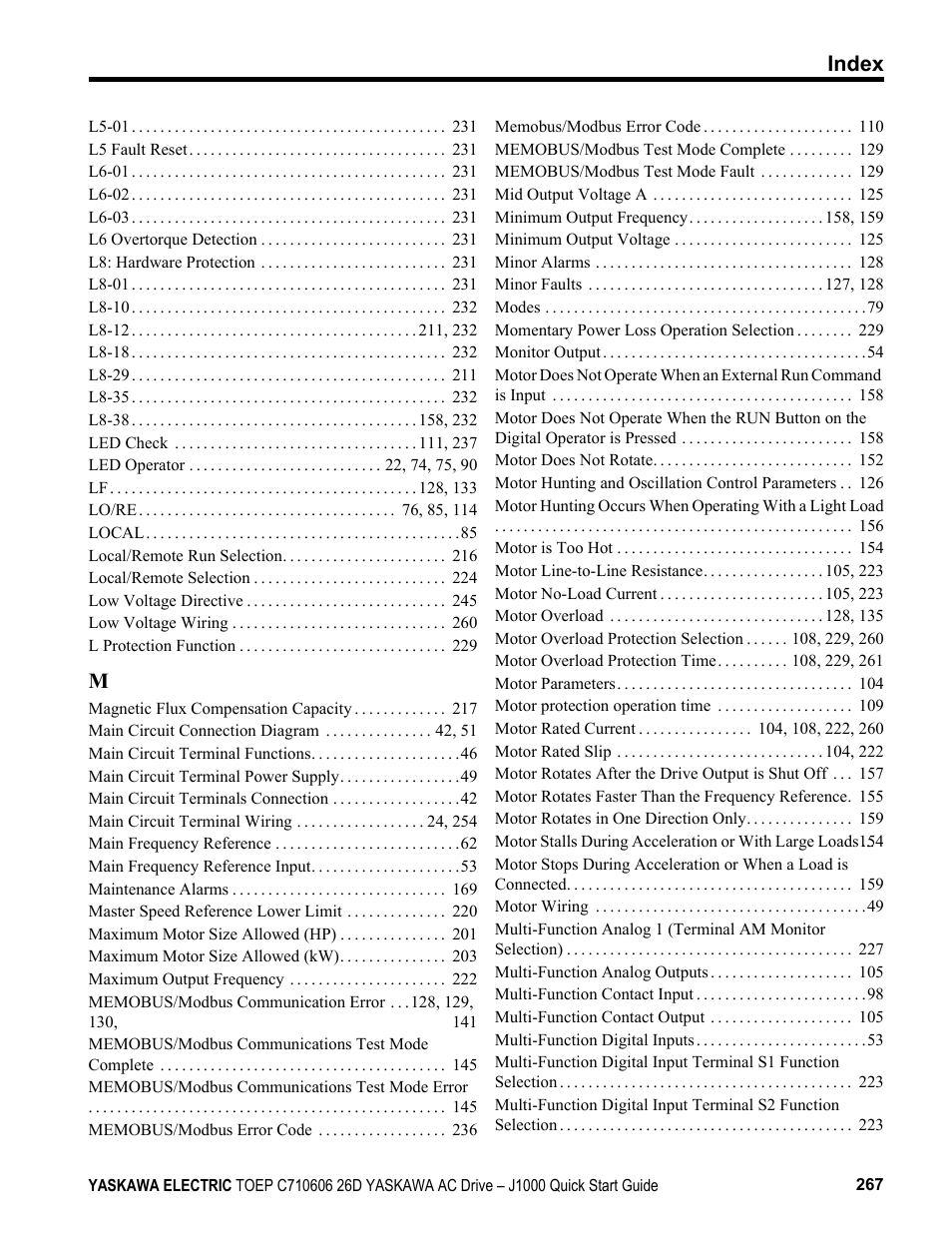 Index | Yaskawa J1000 Compact V/f Control Drive User Manual | Page 267 / 274