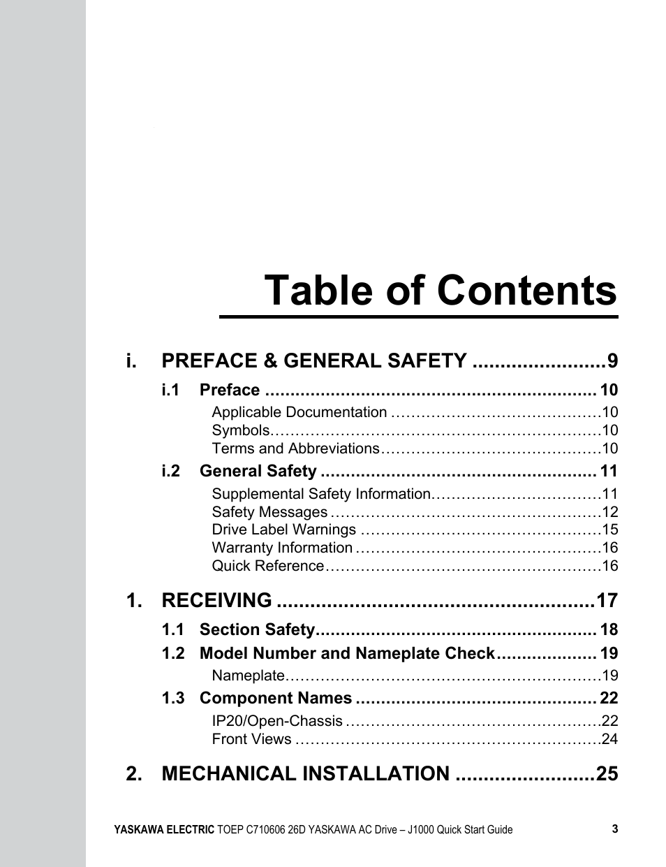 Yaskawa J1000 Compact V/f Control Drive User Manual | Page 3 / 274