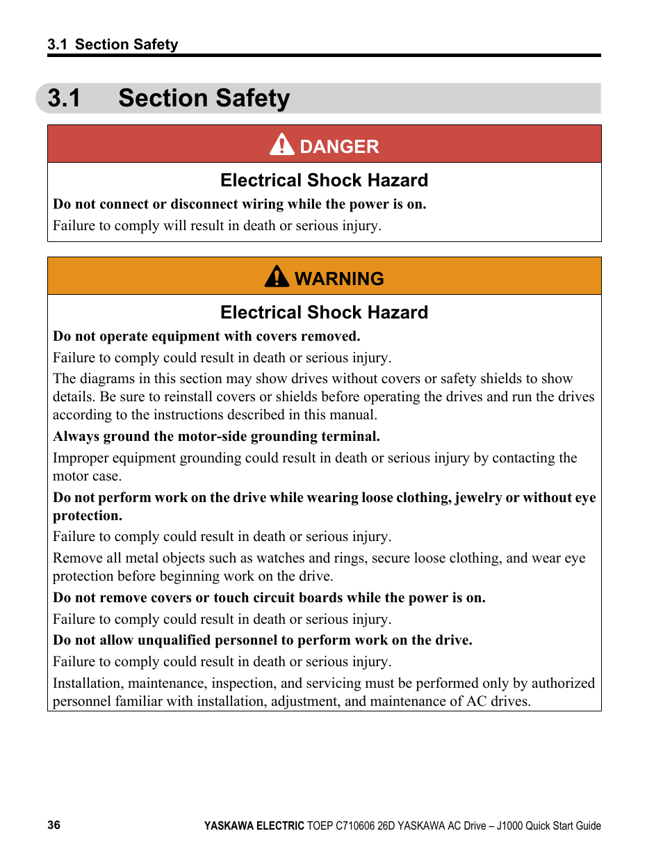 1 section safety, Section safety | Yaskawa J1000 Compact V/f Control Drive User Manual | Page 36 / 274