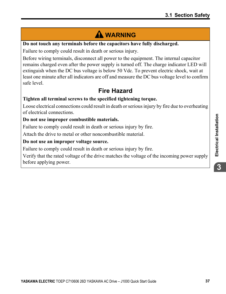 Warning, Fire hazard | Yaskawa J1000 Compact V/f Control Drive User Manual | Page 37 / 274