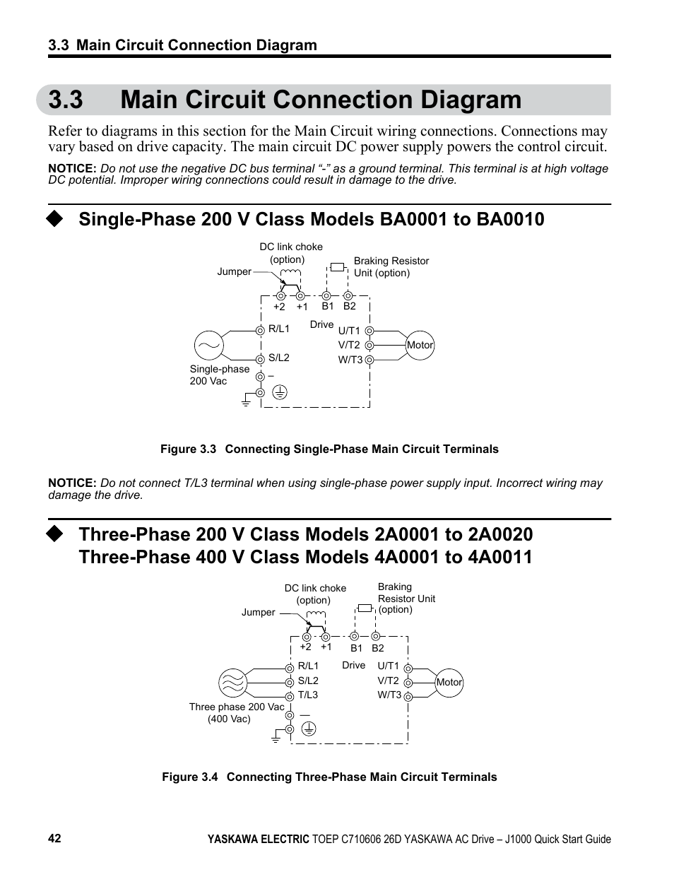3 main circuit connection diagram, Single-phase 200 v class models ba0001 to ba0010, Three-phase 200 v class models 2a0001 to 2a0020 | Three-phase 400 v class models 4a0001 to 4a0011, Main circuit connection diagram | Yaskawa J1000 Compact V/f Control Drive User Manual | Page 42 / 274