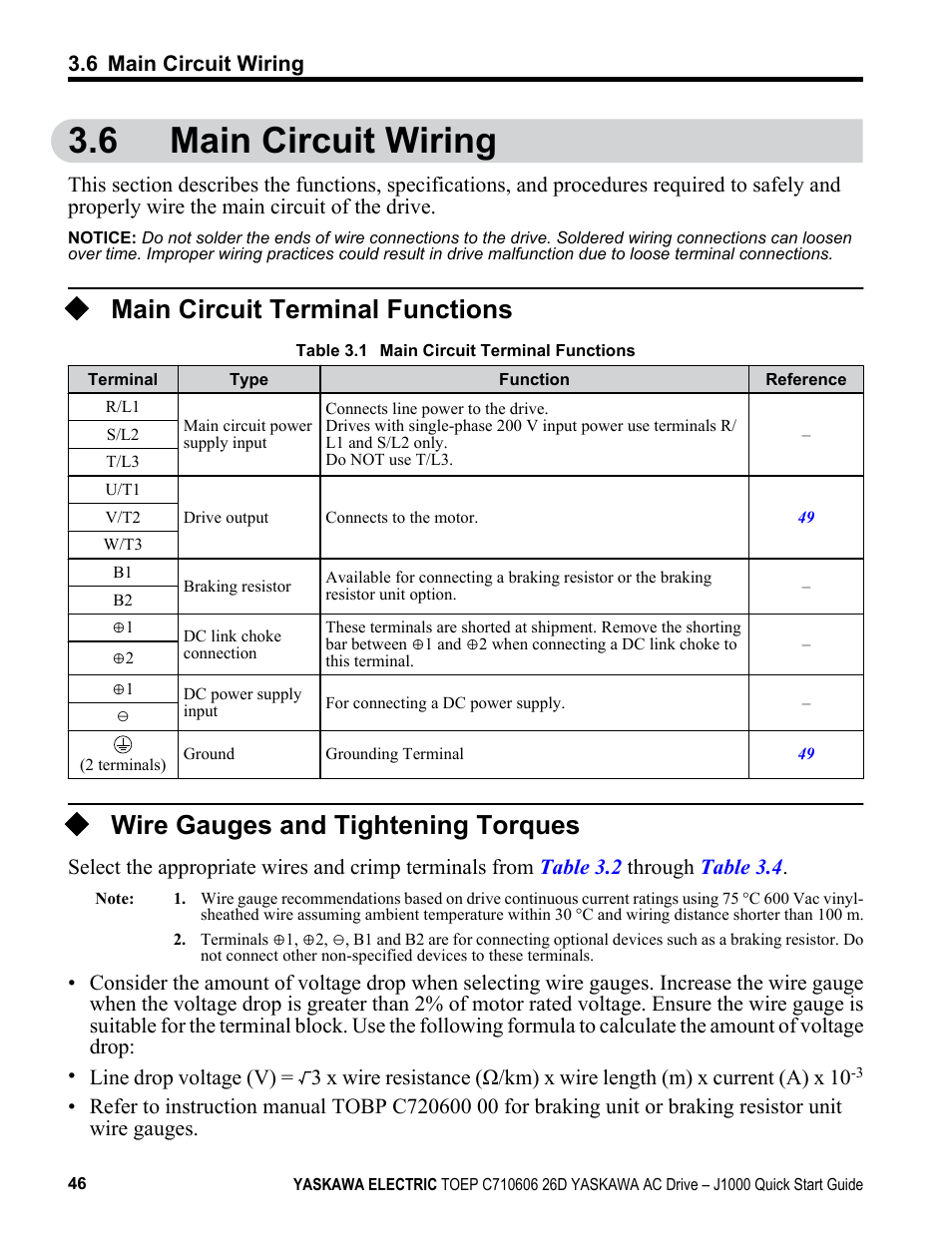 6 main circuit wiring, Main circuit terminal functions, Wire gauges and tightening torques | Main circuit wiring | Yaskawa J1000 Compact V/f Control Drive User Manual | Page 46 / 274