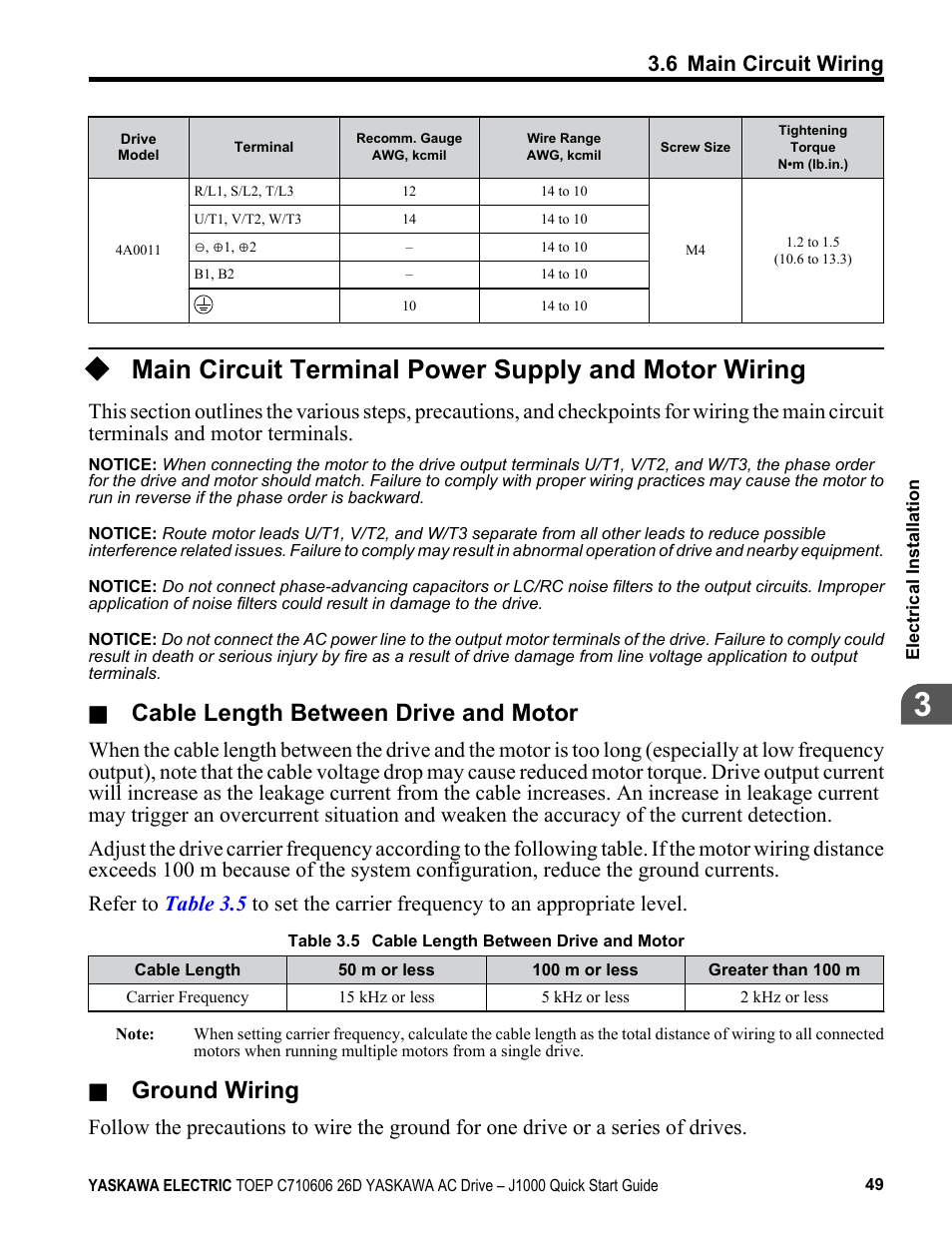 Cable length between drive and motor, Ground wiring | Yaskawa J1000 Compact V/f Control Drive User Manual | Page 49 / 274