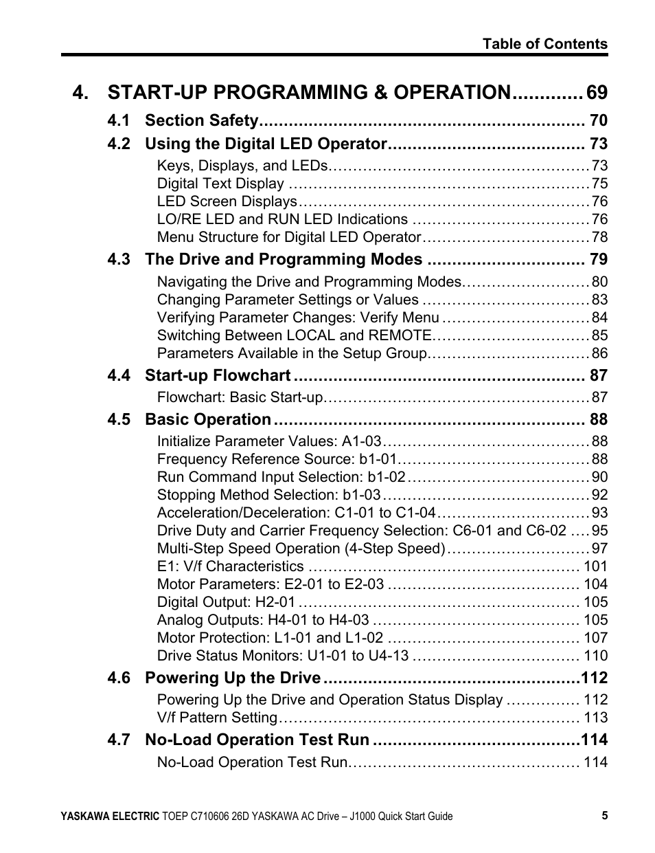 Start-up programming & operation | Yaskawa J1000 Compact V/f Control Drive User Manual | Page 5 / 274