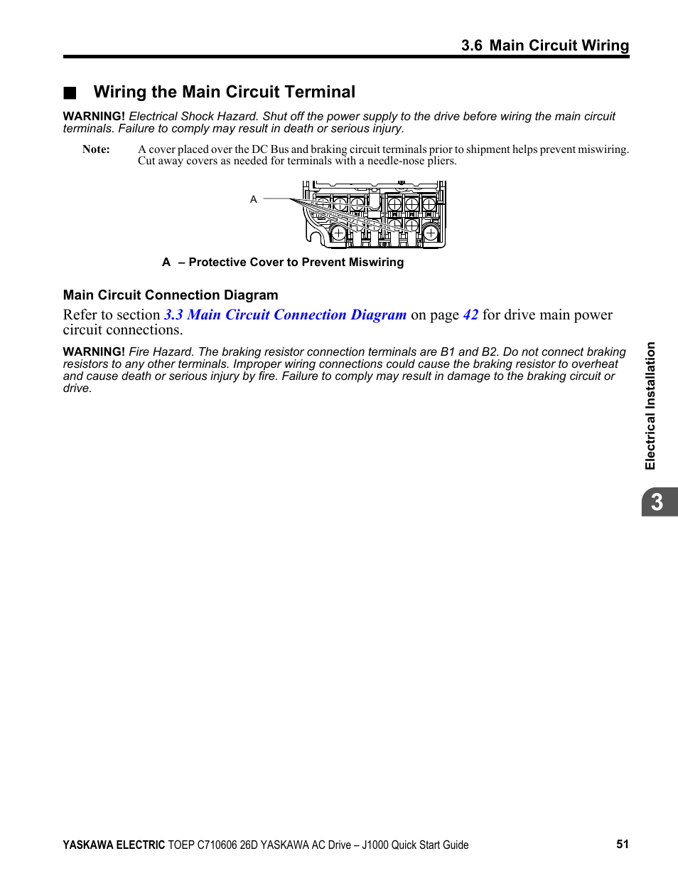 Wiring the main circuit terminal | Yaskawa J1000 Compact V/f Control Drive User Manual | Page 51 / 274