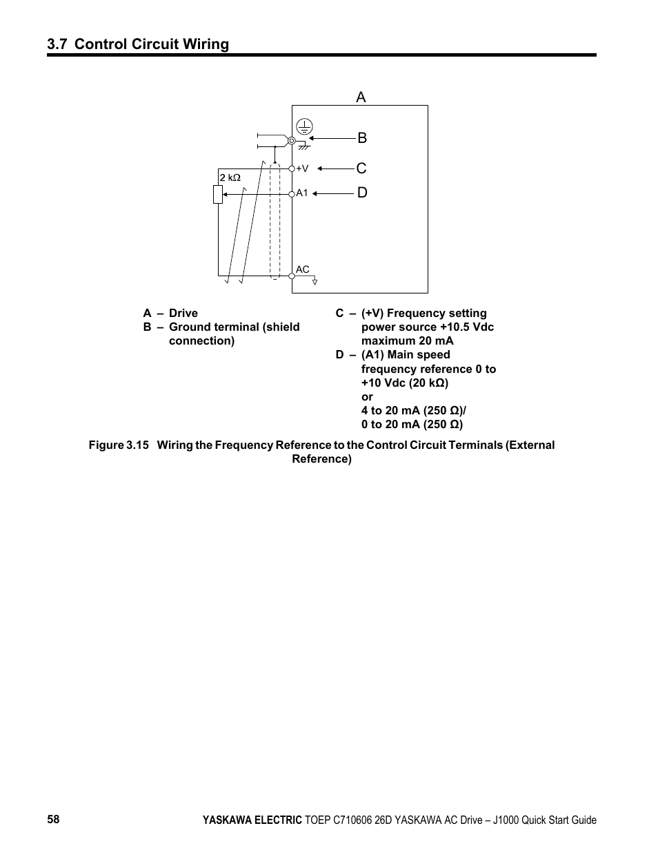 Ab c d, 7 control circuit wiring | Yaskawa J1000 Compact V/f Control Drive User Manual | Page 58 / 274