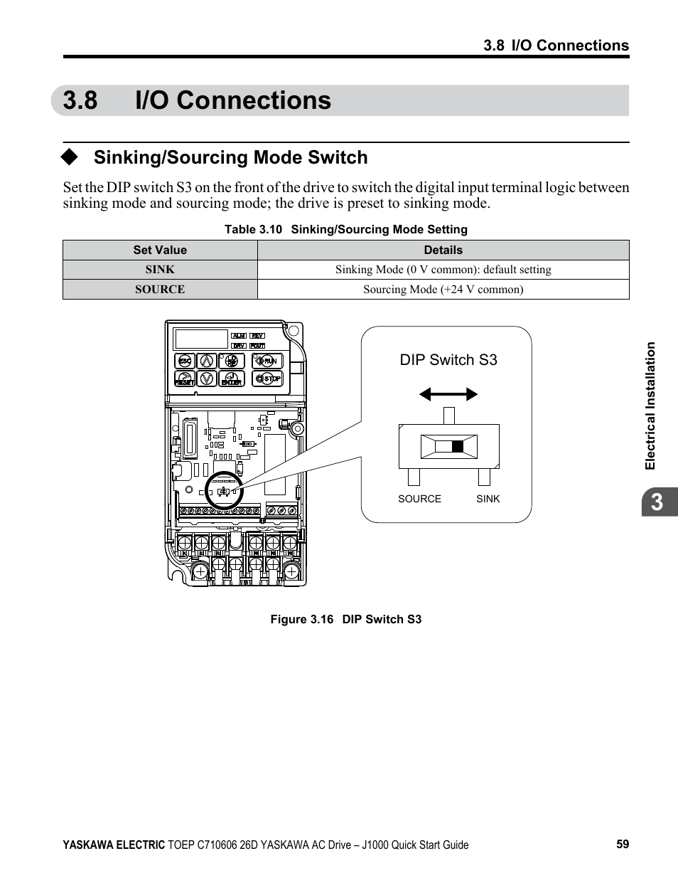 8 i/o connections, Sinking/sourcing mode switch, Dip switch s3 | Refer to, I/o connections, 10%) external power supply, Refer to sinking | Yaskawa J1000 Compact V/f Control Drive User Manual | Page 59 / 274