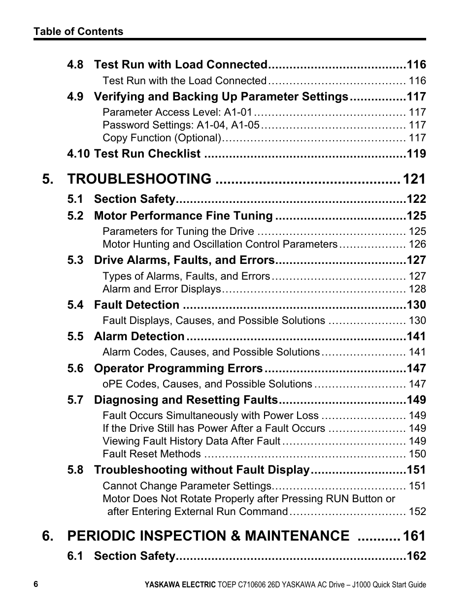 Troubleshooting, Periodic inspection & maintenance | Yaskawa J1000 Compact V/f Control Drive User Manual | Page 6 / 274