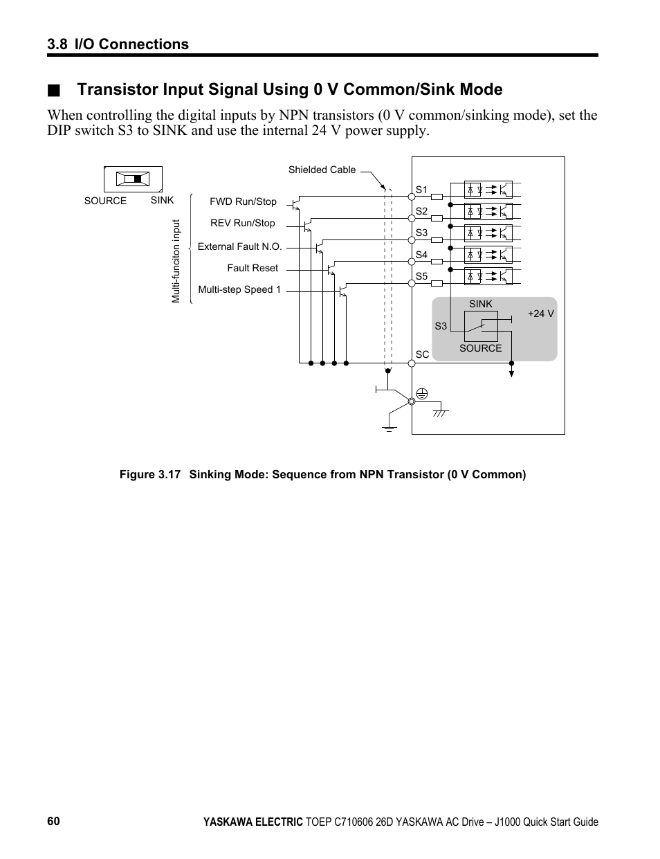 Transistor input signal using 0 v common/sink mode, 8 i/o connections | Yaskawa J1000 Compact V/f Control Drive User Manual | Page 60 / 274