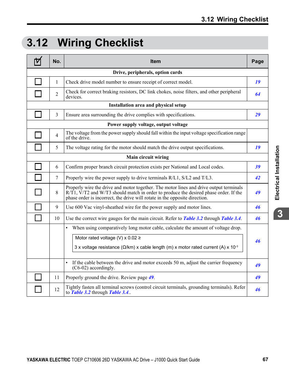 12 wiring checklist | Yaskawa J1000 Compact V/f Control Drive User Manual | Page 67 / 274