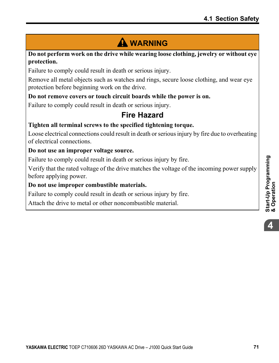 Warning, Fire hazard | Yaskawa J1000 Compact V/f Control Drive User Manual | Page 71 / 274