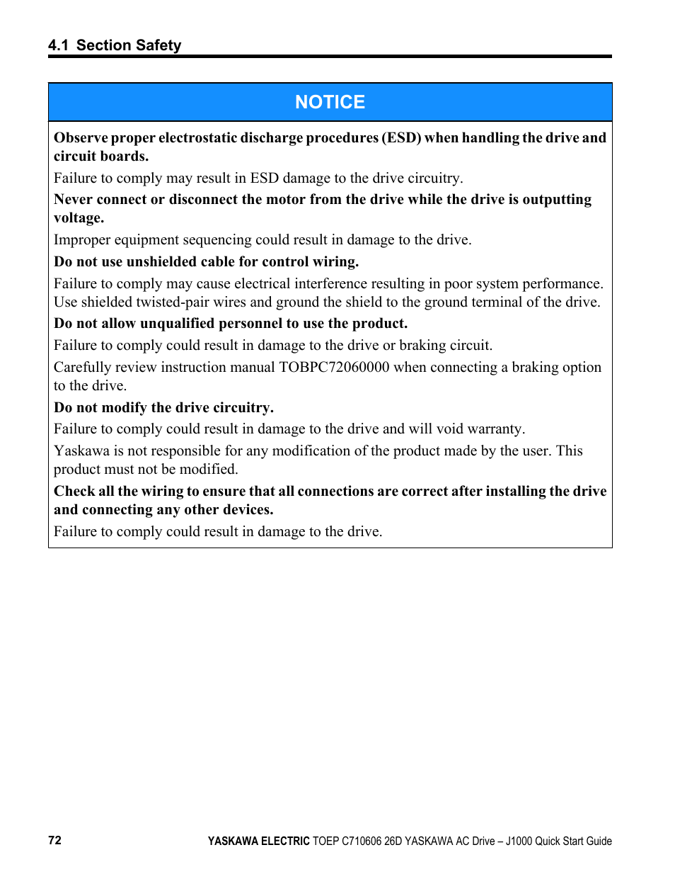 Notice | Yaskawa J1000 Compact V/f Control Drive User Manual | Page 72 / 274