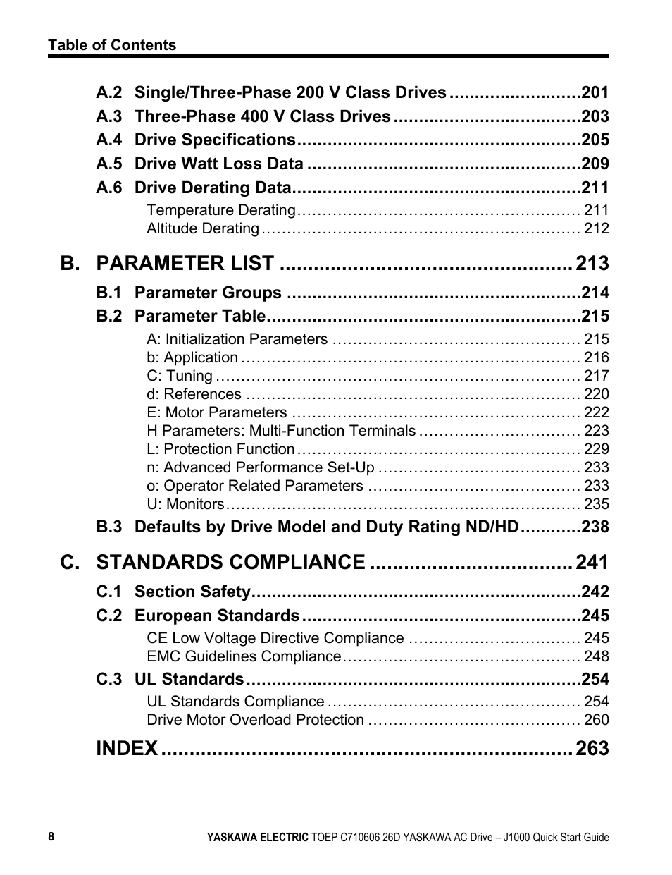 B. parameter list, C. standards compliance, Index | Yaskawa J1000 Compact V/f Control Drive User Manual | Page 8 / 274
