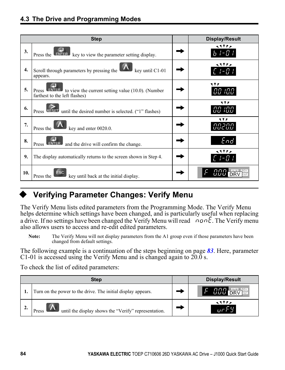 Verifying parameter changes: verify menu, Refer to verifying parameter changes: verify menu, 3 the drive and programming modes | Yaskawa J1000 Compact V/f Control Drive User Manual | Page 84 / 274