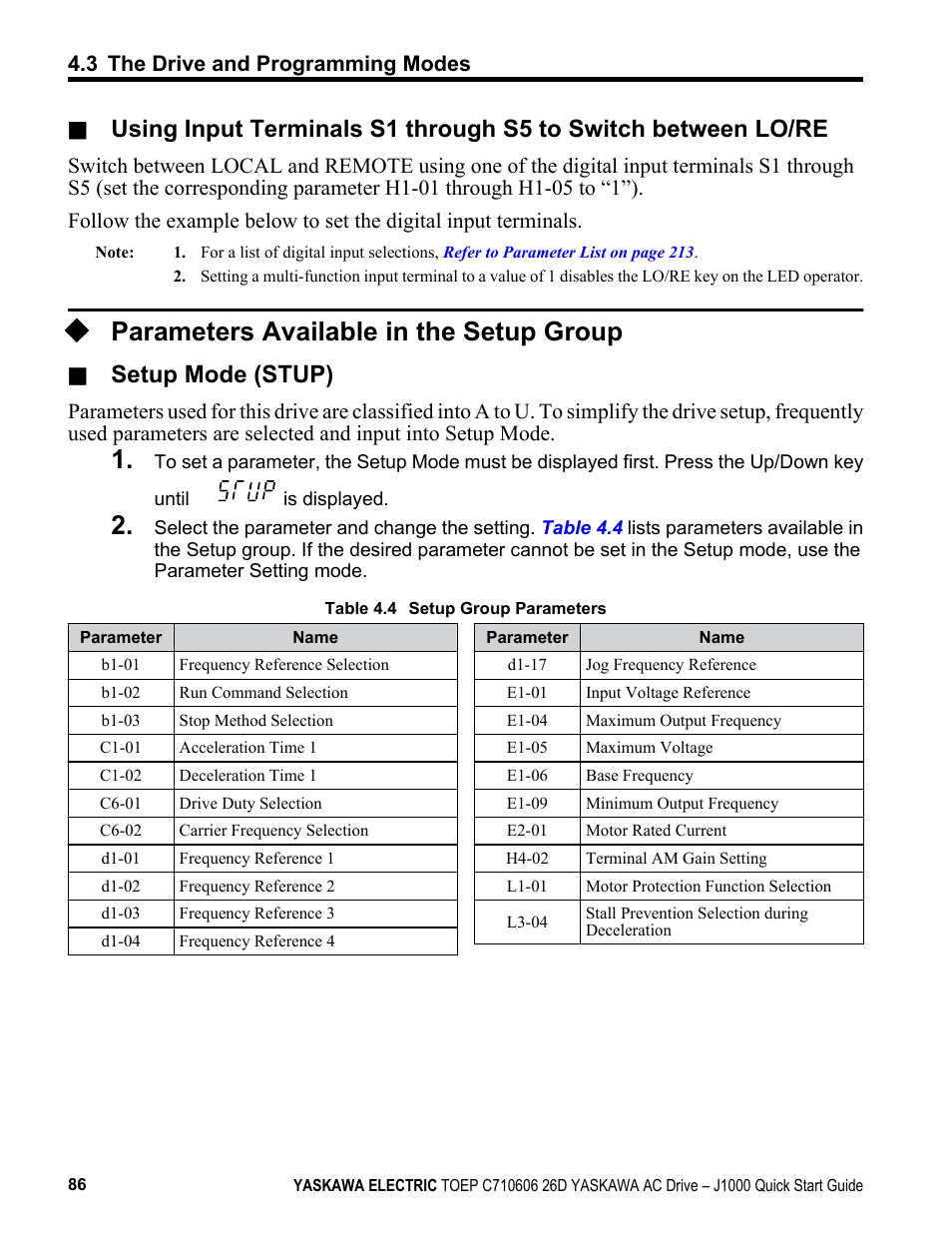 Parameters available in the setup group, Setup group parameters are listed in, Table 4.4 | Setup mode (stup) | Yaskawa J1000 Compact V/f Control Drive User Manual | Page 86 / 274