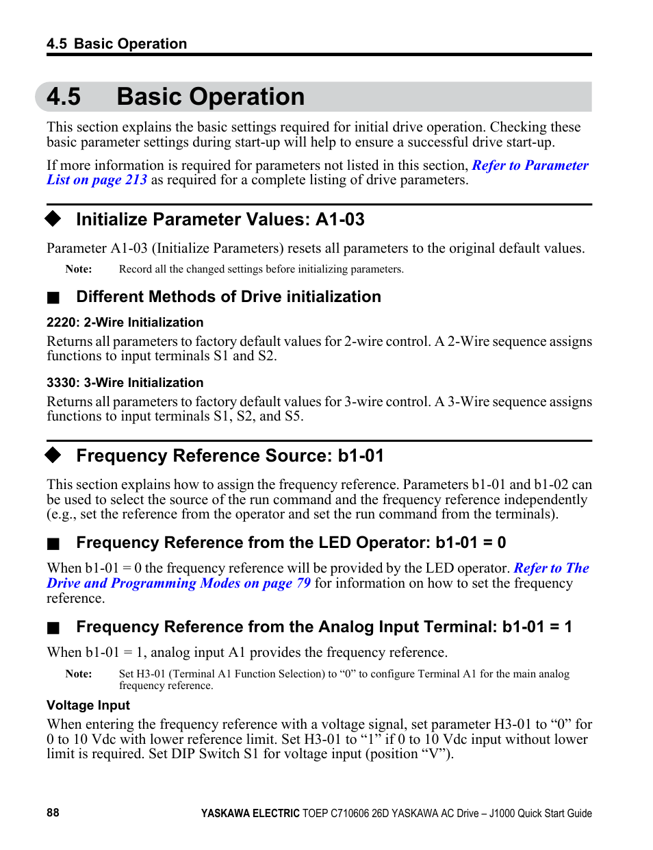 5 basic operation, Initialize parameter values: a1-03, Frequency reference source: b1-01 | Basic operation | Yaskawa J1000 Compact V/f Control Drive User Manual | Page 88 / 274