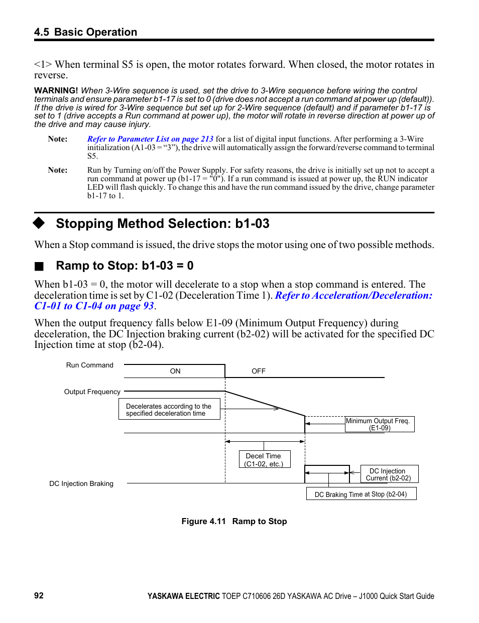 Stopping method selection: b1-03, Ramp to stop: b1-03 = 0, 5 basic operation | Yaskawa J1000 Compact V/f Control Drive User Manual | Page 92 / 274